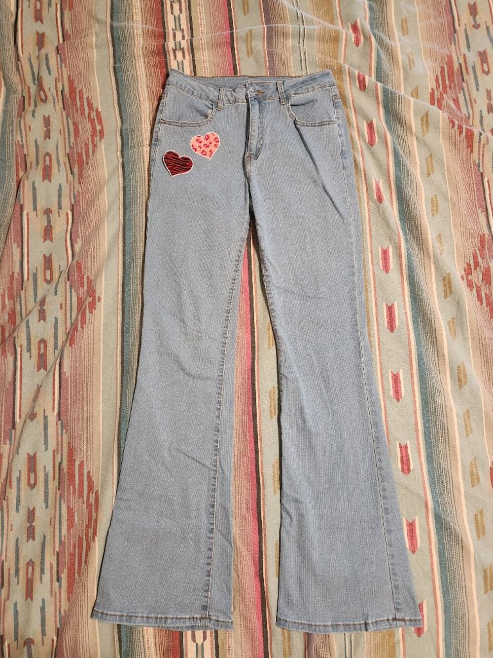 Women's Flared Bell Bottom Jeans with Animal Print Heart Patches- TALL sizing